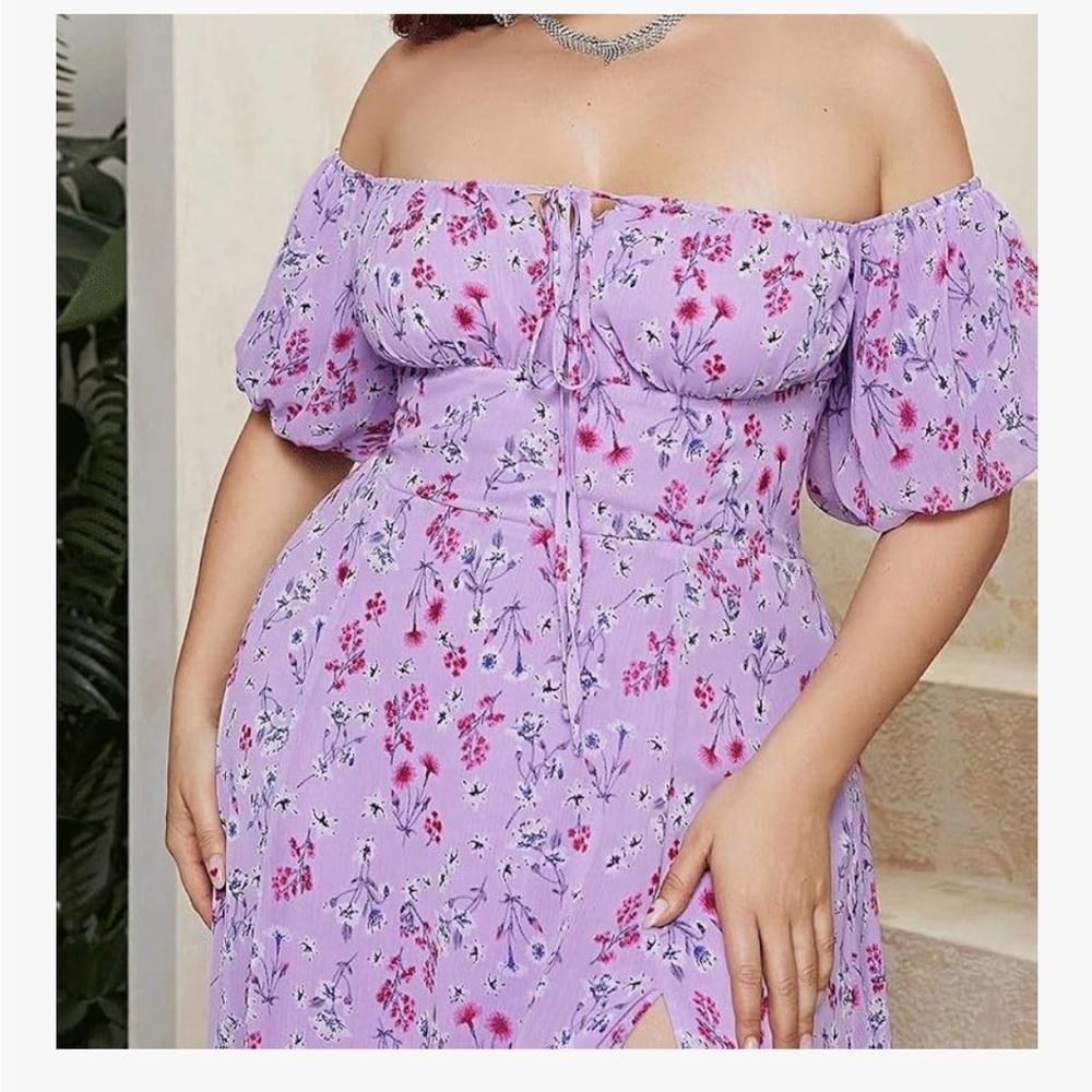 Double Crazy Floral long Dress V Neck‎ Bell Sleeve Purple Party Dress Size 1XL